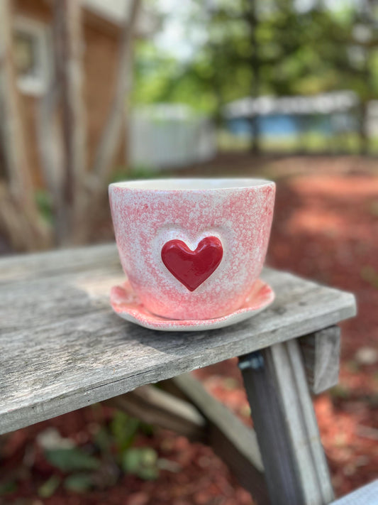 Hand-painted Ceramic Pot w/ heart design, Made in Mexico, Saucer & Drainage Hole, For Succulents or Gifting, Mexican Pottery