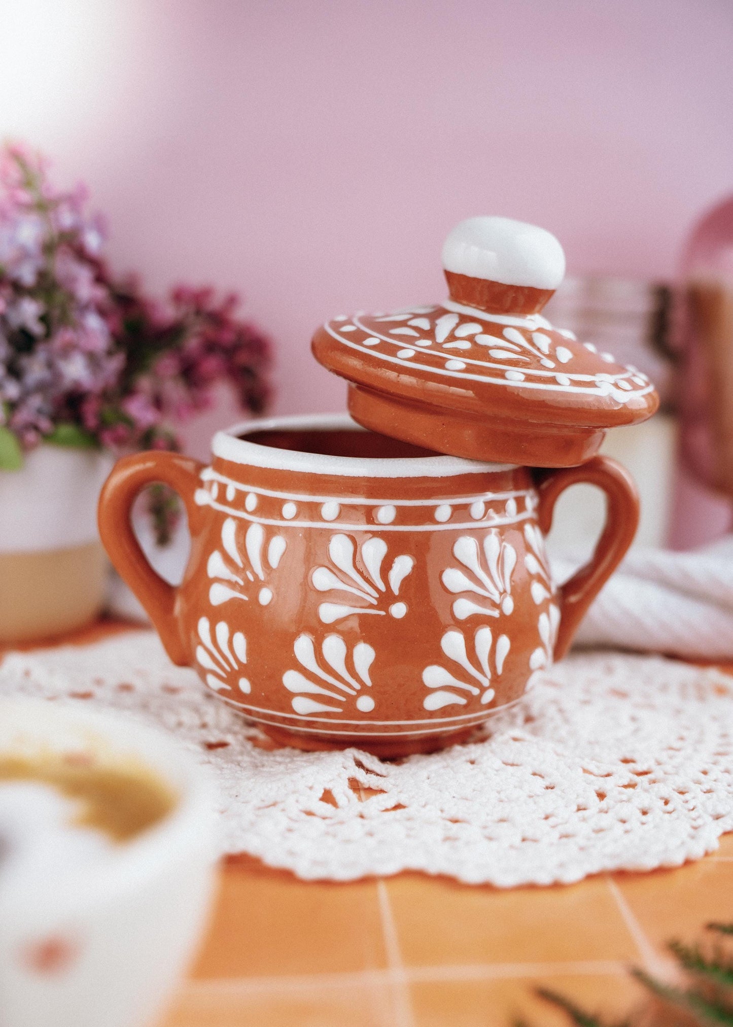 Clay Sugar Bowl with Lid Mexican Pottery Barro Mexicano Small Clay Container for Sugar Handmade Kitchenware Hand Painted Pottery Home Decor