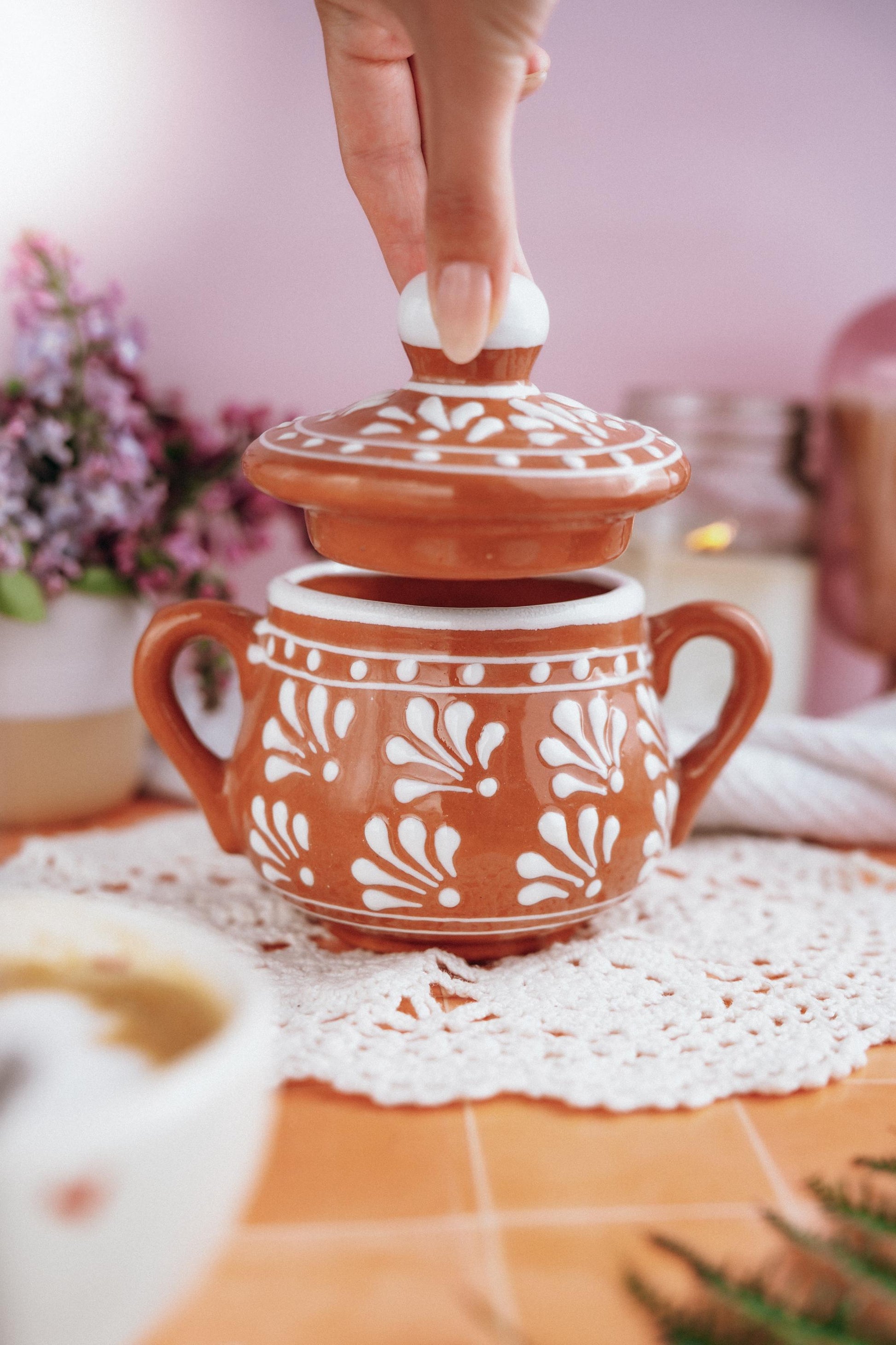 Clay Sugar Bowl with Lid Mexican Pottery Barro Mexicano Small Clay Container for Sugar Handmade Kitchenware Hand Painted Pottery Home Decor