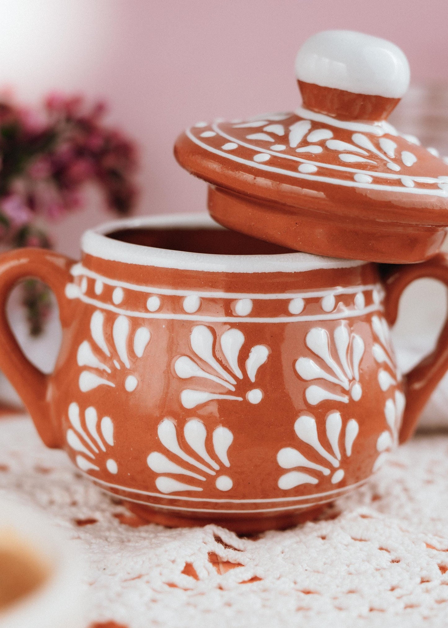 Clay Sugar Bowl with Lid Mexican Pottery Barro Mexicano Small Clay Container for Sugar Handmade Kitchenware Hand Painted Pottery Home Decor