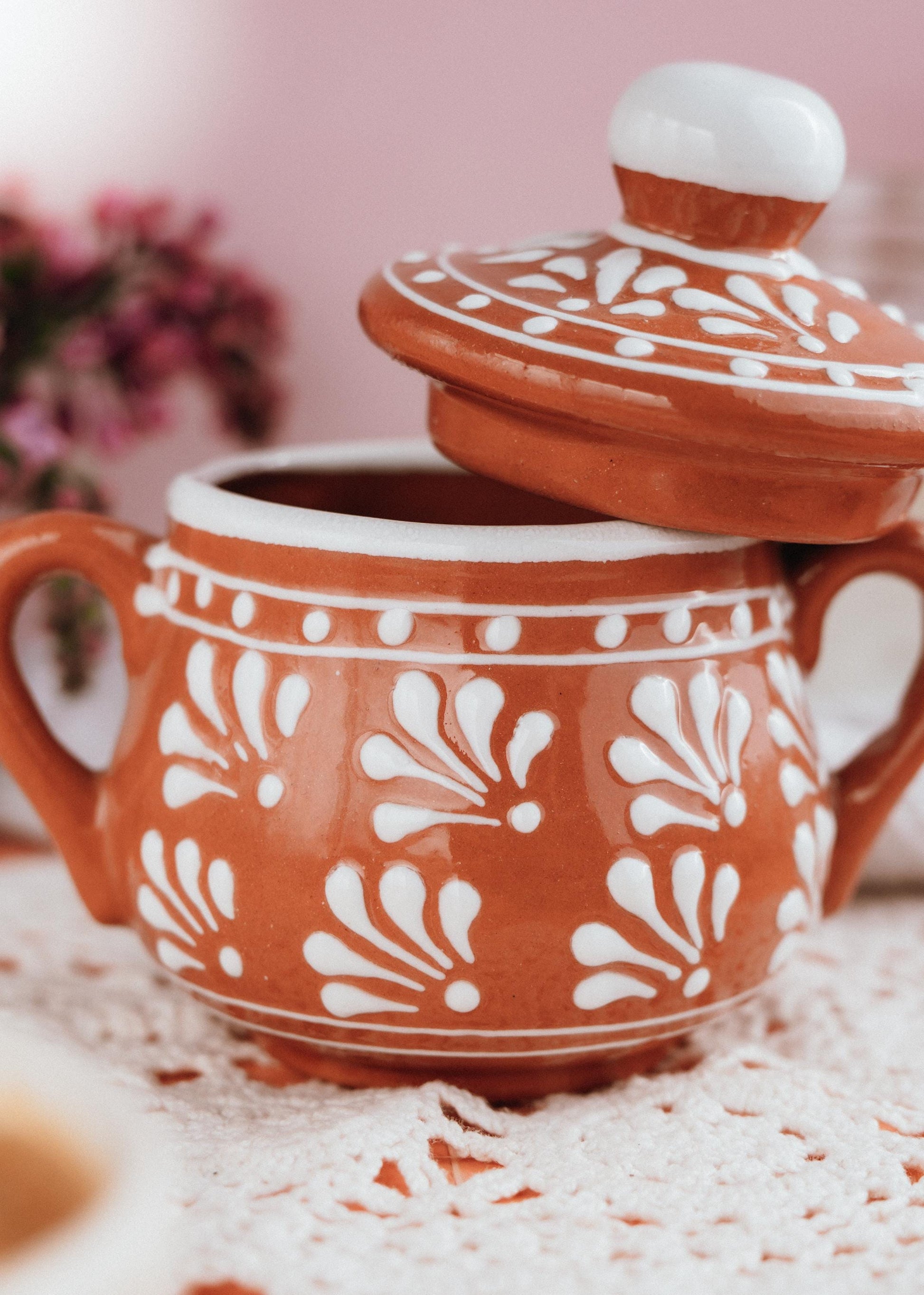 Clay Sugar Bowl with Lid Mexican Pottery Barro Mexicano Small Clay Container for Sugar Handmade Kitchenware Hand Painted Pottery Home Decor