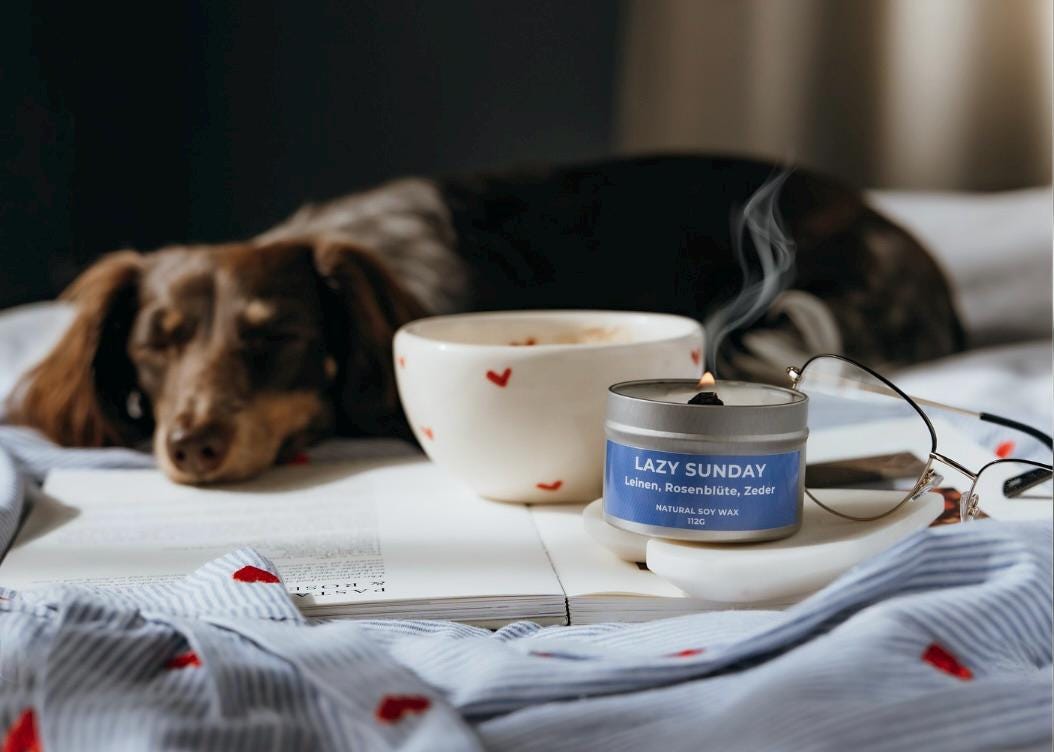 Cozy scene with ceramic heart mug, dog, lit candle, glasses, and book  warm, relaxing atmosphere