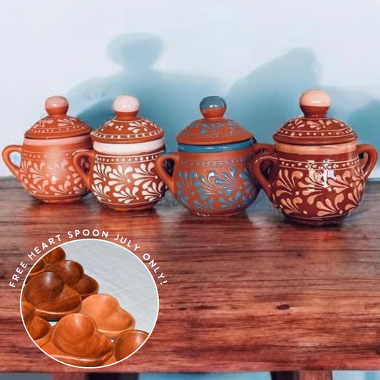 Clay Sugar Bowl with Lid Mexican Pottery Barro Mexicano Small Clay Container for Sugar Handmade Kitchenware Hand Painted Pottery Home Decor