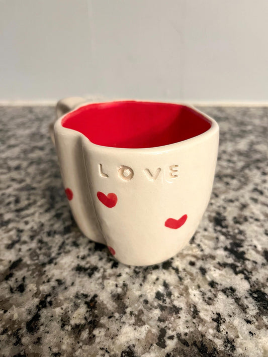 Heart Mug with Saucer Handmade in Mexico Red Inside Wavy Handle Gift for Her Coffee Lover Cute Ceramic Cup
