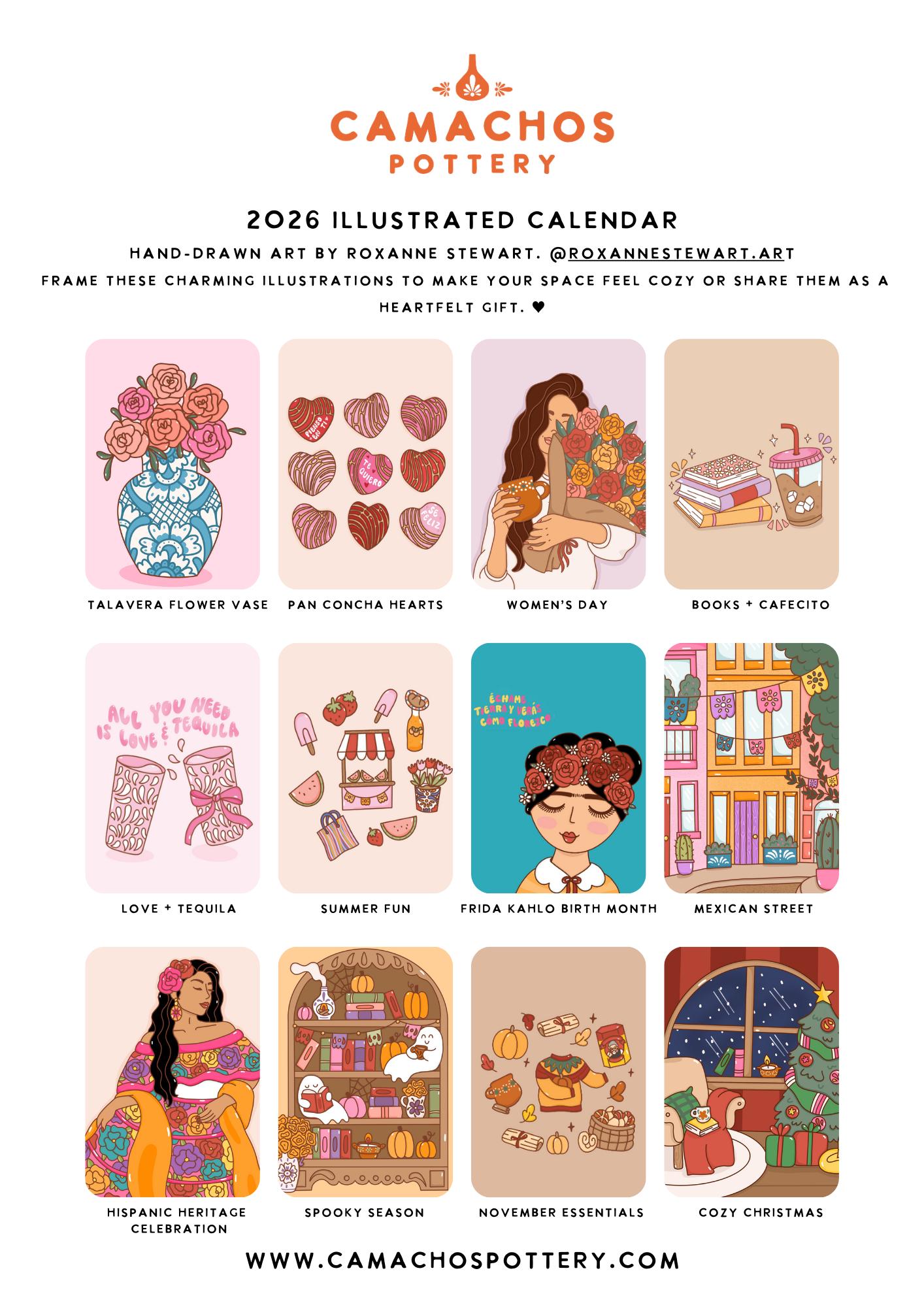 Preorder 2026 Illustrated Wall Calendar Hand Drawn Art Double Page Wall Calendar Mexican Inspired Illustrated 12 Month Calendar Sunday Start