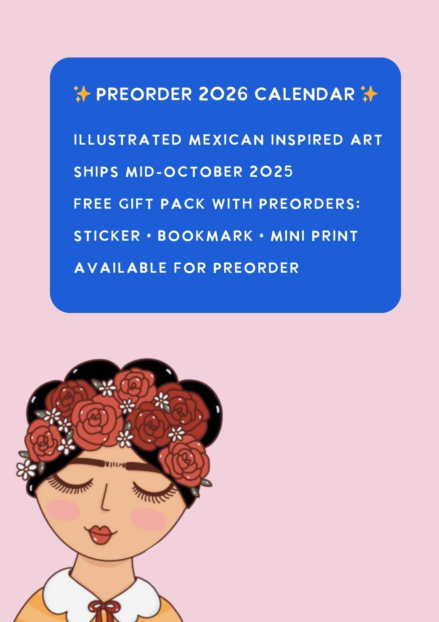 Preorder 2026 Illustrated Wall Calendar Hand Drawn Art Double Page Wall Calendar Mexican Inspired Illustrated 12 Month Calendar Sunday Start