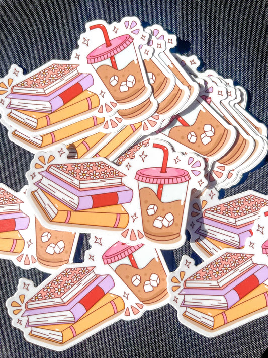 Iced Coffee & Books Sticker Cozy Aesthetic Book Lover Sticker Water Bottle Sticker Cafecito Sticker Mexican Art Sticker
