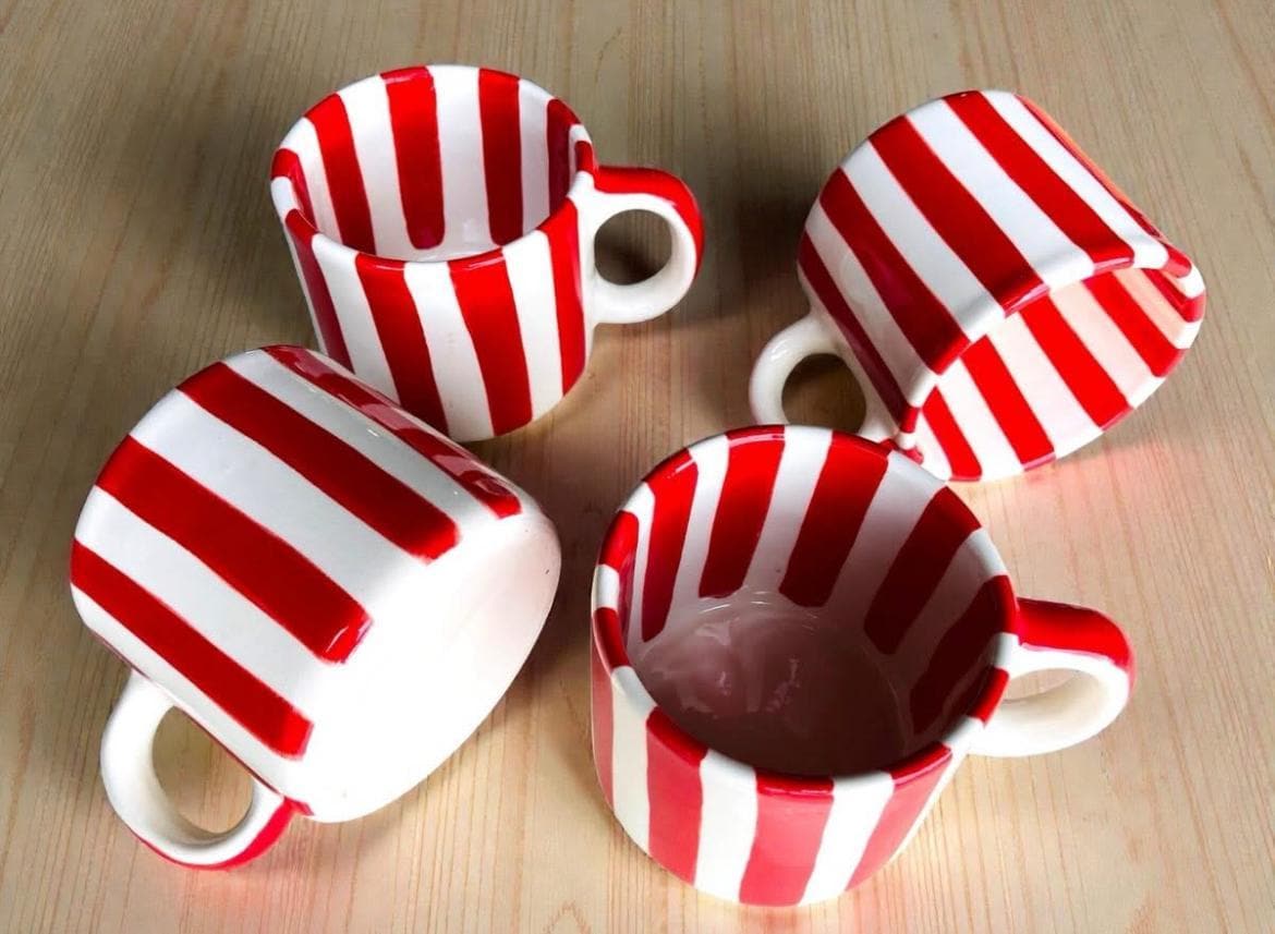 Red Stripe Ceramic Mug + Matching Saucer Made in Mexico