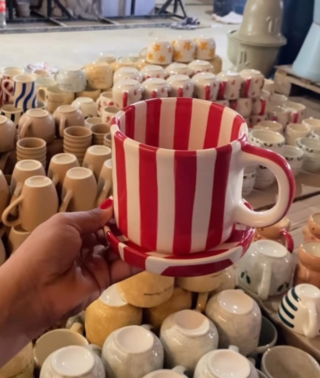 Red Stripe Ceramic Mug + Matching Saucer Made in Mexico