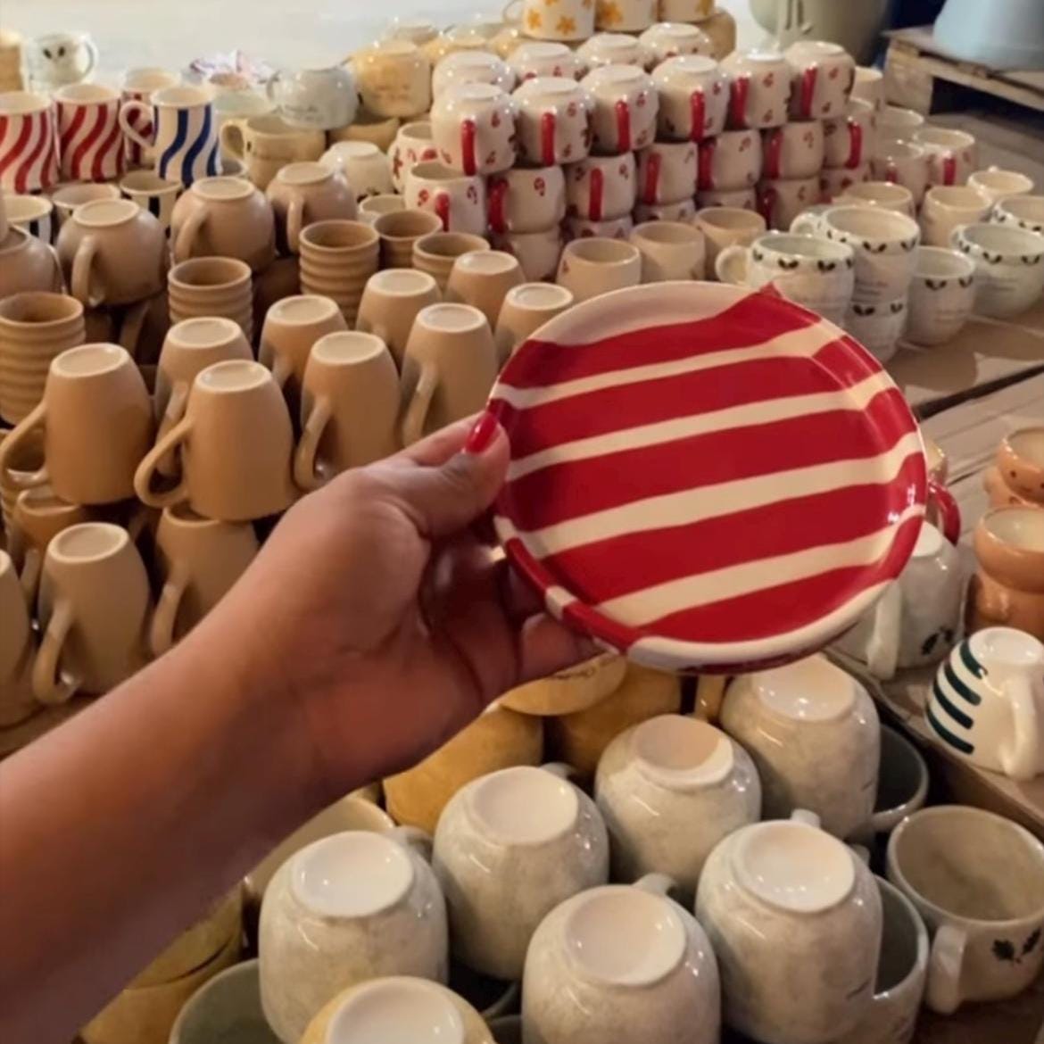 Red Stripe Ceramic Mug + Matching Saucer Made in Mexico