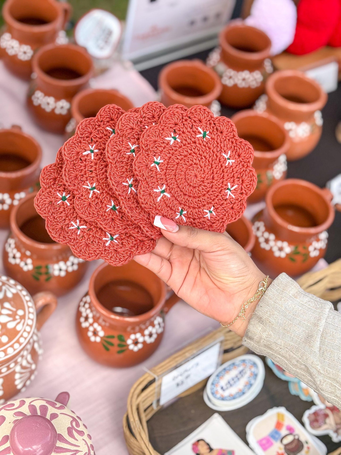 Mexican Barro Style Crochet Coaster Mexican Home Decor Mexican Barro Crochet Handmade Coasters Kitchen Decor Coasters Mexican Style
