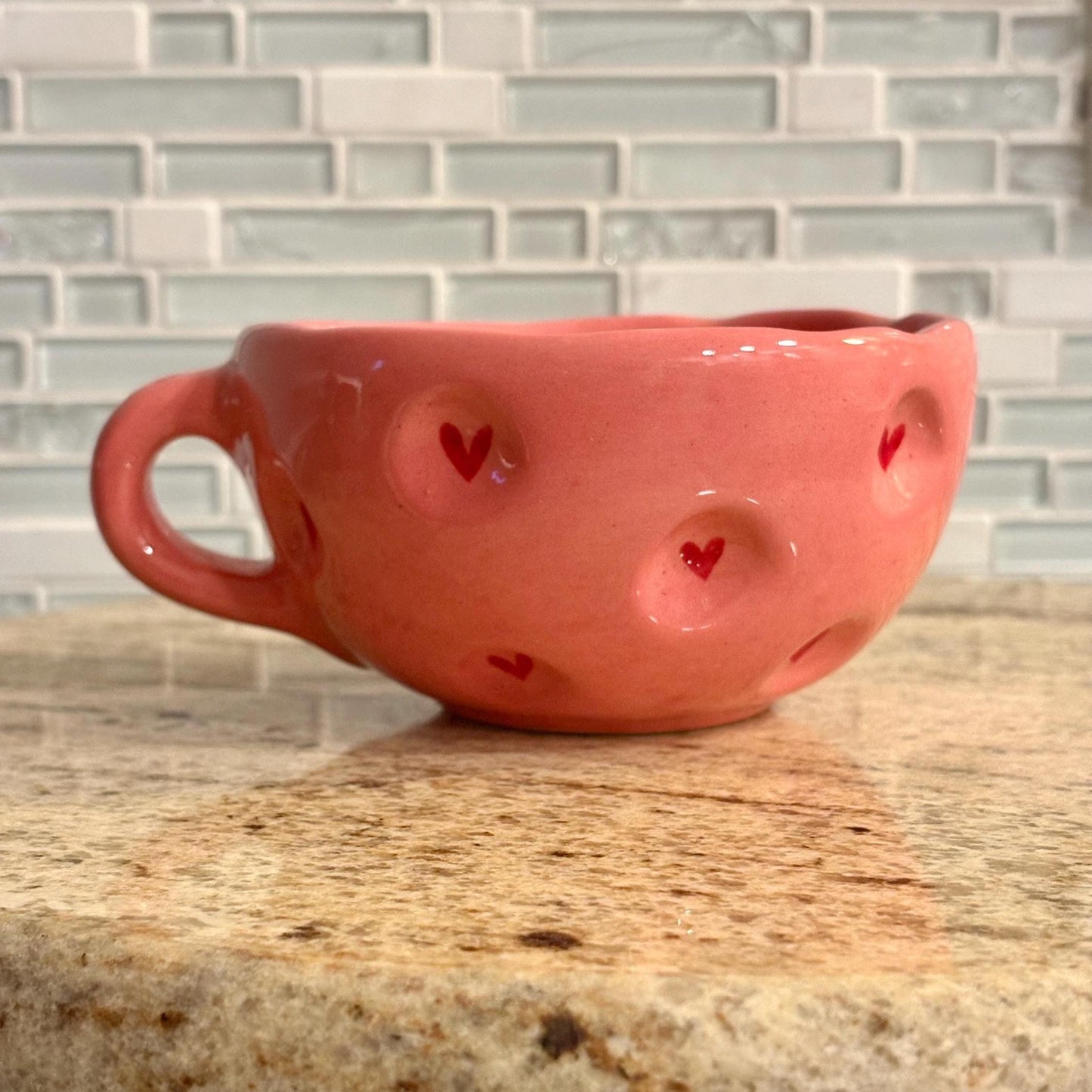 Pink Heart Mug Textured Ceramic Cup Subtle Heart Design Romantic Coffee Mug