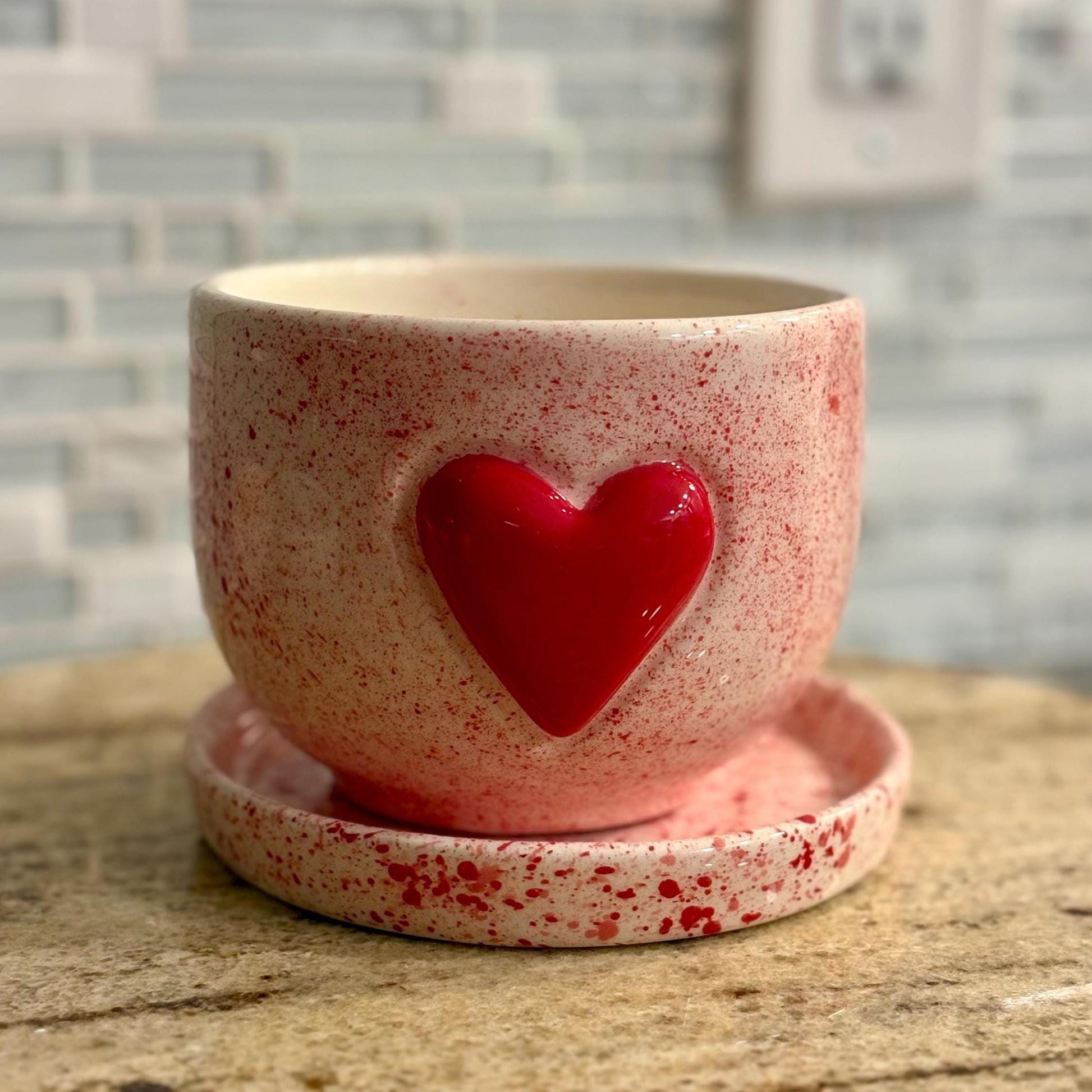 Hand Painted Pink Ceramic Planter with Saucer Heart Detail Made in Mexico