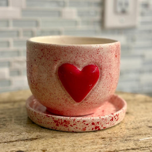 Hand Painted Pink Ceramic Planter with Saucer Heart Detail Made in Mexico