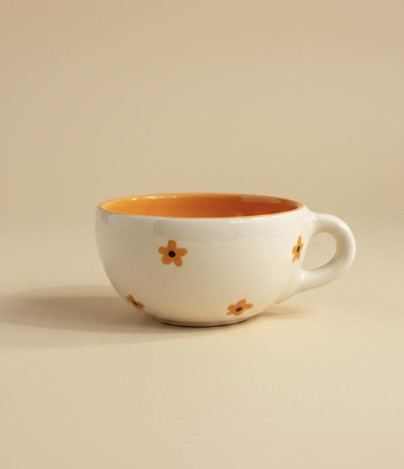 Floral Ceramic Cup & Saucer Set, Handmade in Mexico, Orange Flower Cafecito Mug