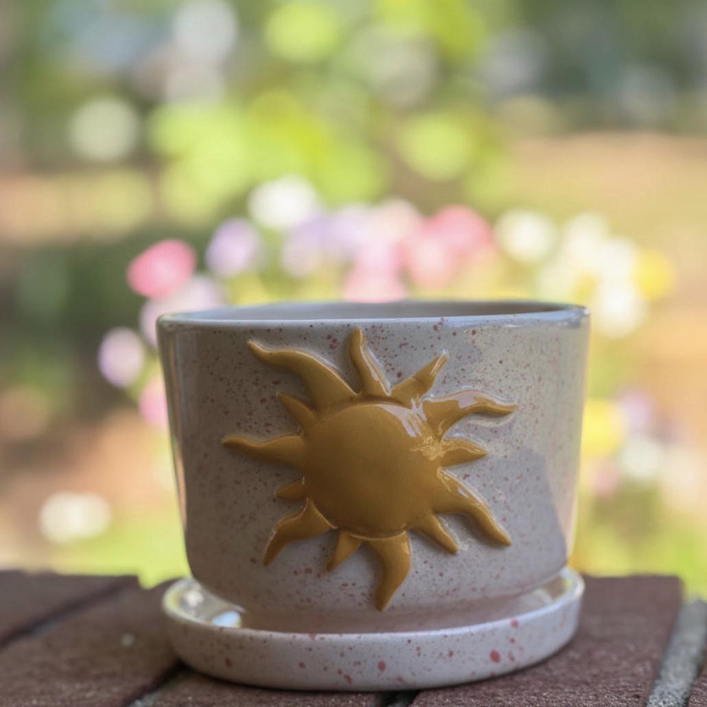 Hand Painted Pink Ceramic Planter with Saucer Heart Detail Made in Mexico