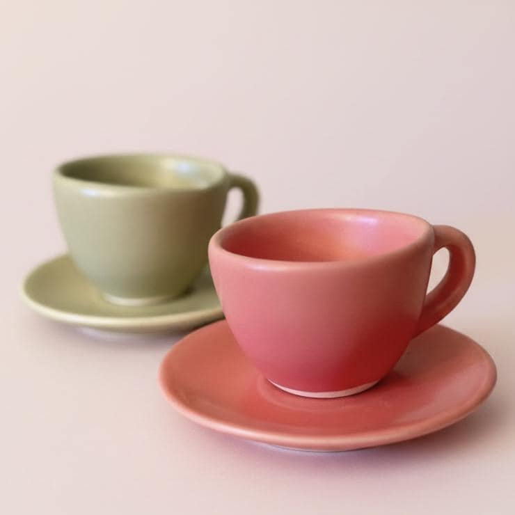 Espresso Cup Saucer Set 2 oz Ceramic Cafecito Cups Made in Mexico Modern Espresso Mug Set Pink & Green Espresso Cups