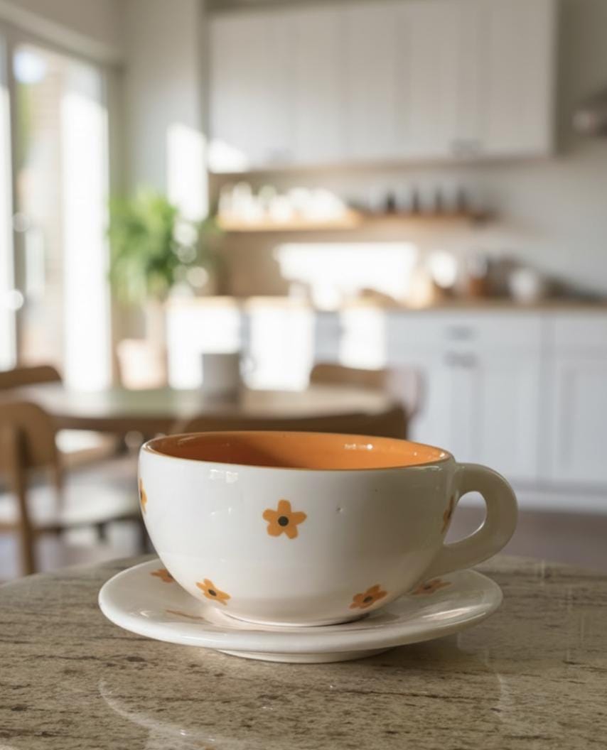 Floral Ceramic Cup & Saucer Set, Handmade in Mexico, Orange Flower Cafecito Mug
