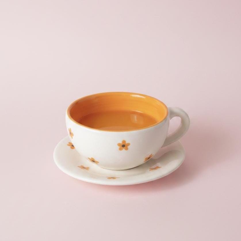 Floral Ceramic Cup & Saucer Set, Handmade in Mexico, Orange Flower Cafecito Mug