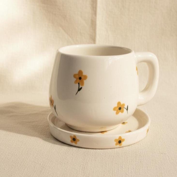 Floral Mug with Matching Plate 16 oz Ceramic Coffee Cup Made in Mexico Yellow Flower Mug Cute Artisan Mug Set