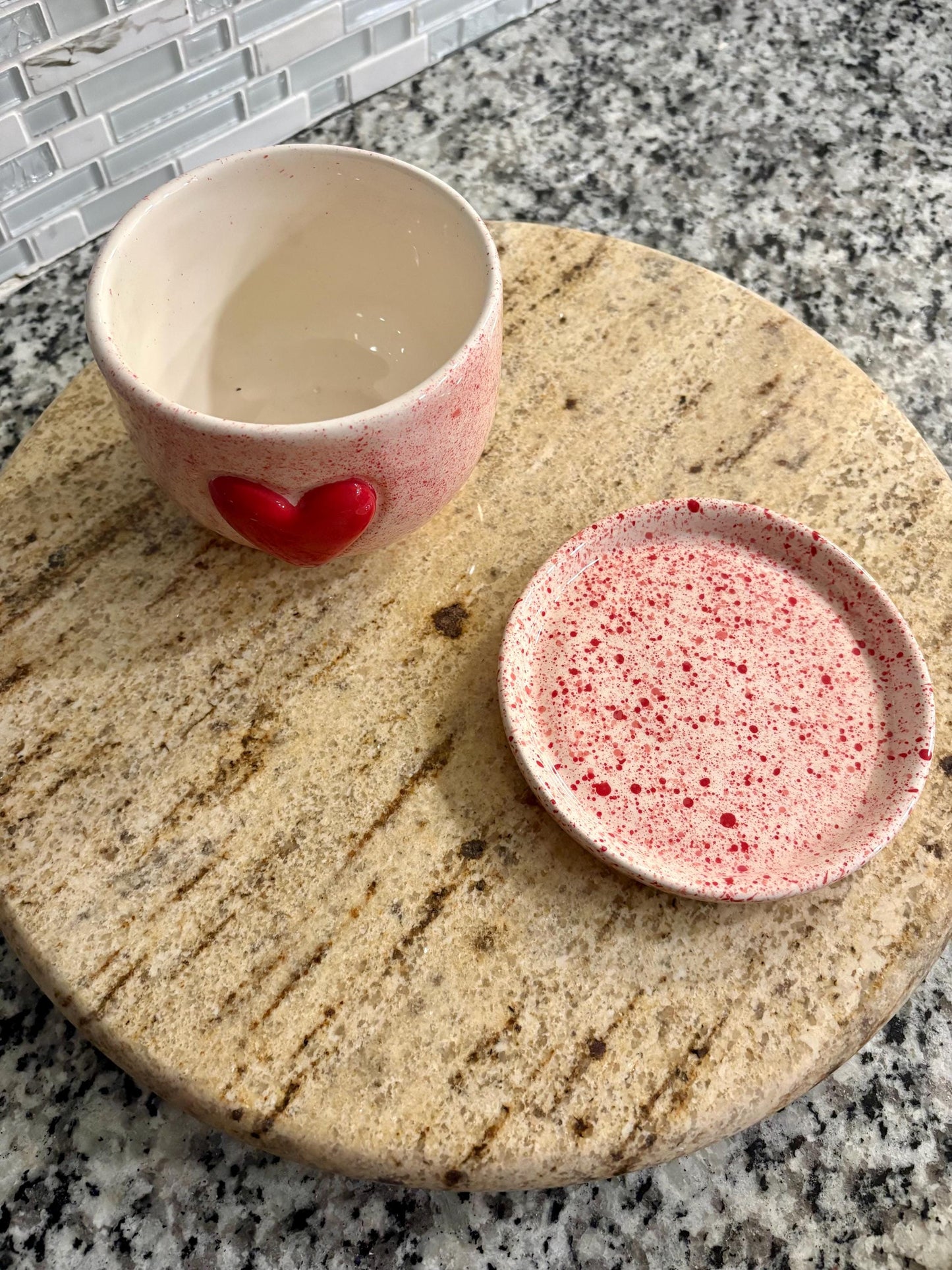 Hand Painted Pink Ceramic Planter with Saucer Heart Detail Made in Mexico