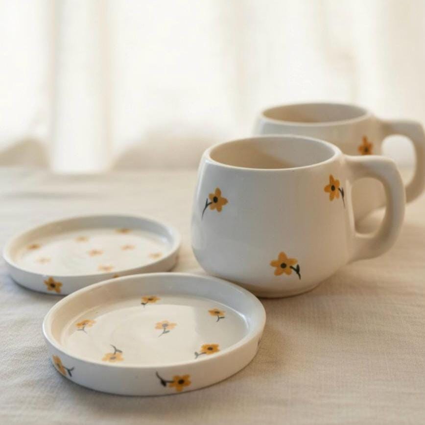 Floral Mug with Matching Plate 16 oz Ceramic Coffee Cup Made in Mexico Yellow Flower Mug Cute Artisan Mug Set