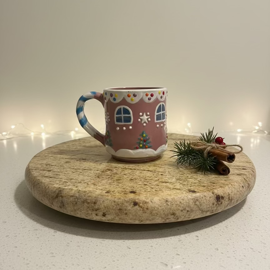 Decorative mug shaped like a gingerbread house on a kitchen counter.