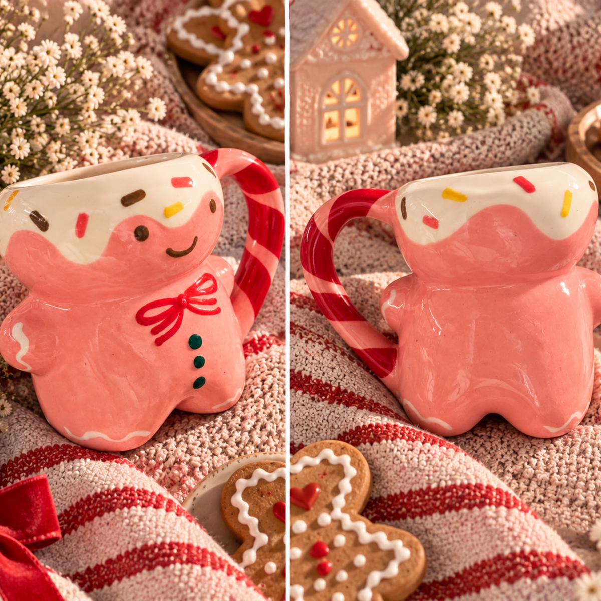 A split-view product photo of a gingerbread-themed ceramic mug. The mug is pink with white icing details, colorful sprinkles, a red bow, and a red-and-white striped candy cane handle.