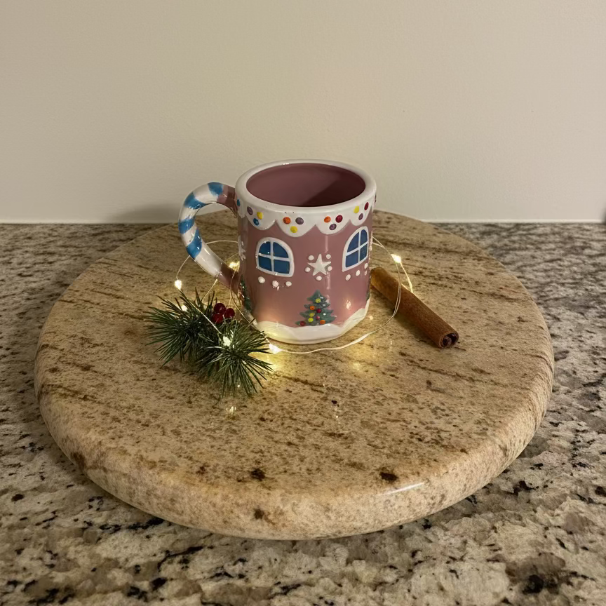 Ceramic mug with gingerbread house design on a kitchen counter