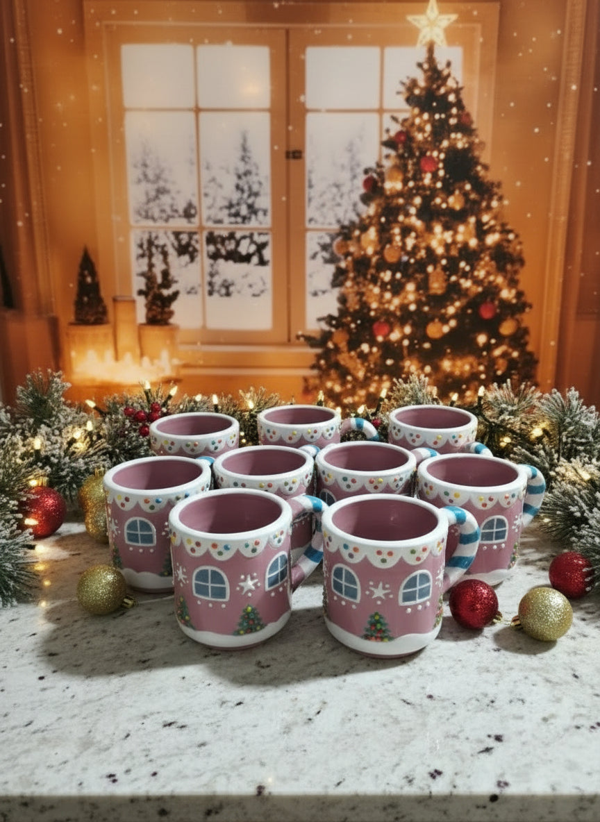 Set of pink ceramic cups with house designs on a wooden surface.