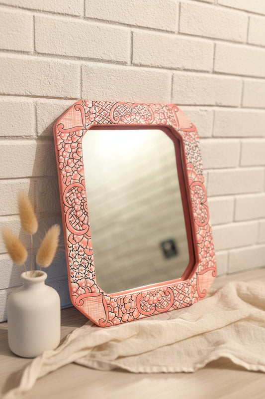 Pink Talavera Mirror Mexican Pottery Wall Decor Handmade in Mexico Ready to Hang Pink Home Decor Wall Hanging Pink Mirror Unique Gift