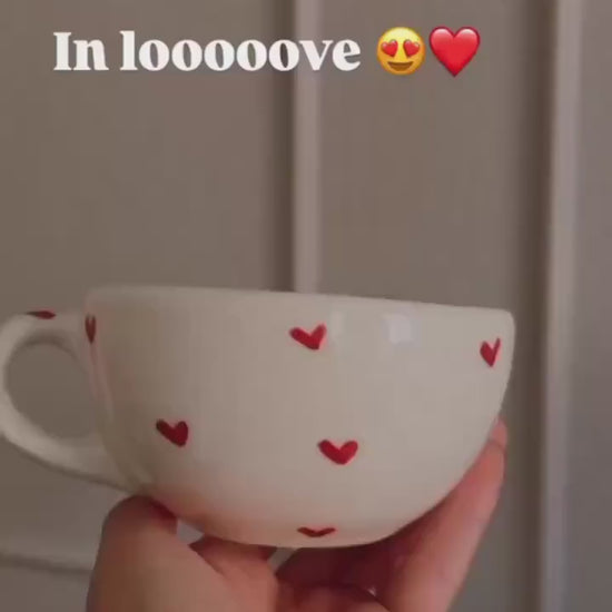 Ceramic Mug with Hearts with Free Crochet Coaster Hand Painted Coffee Cup Heart Design Cute Gift  Cozy Cappuccino Cup Mexican Pottery 10 oz