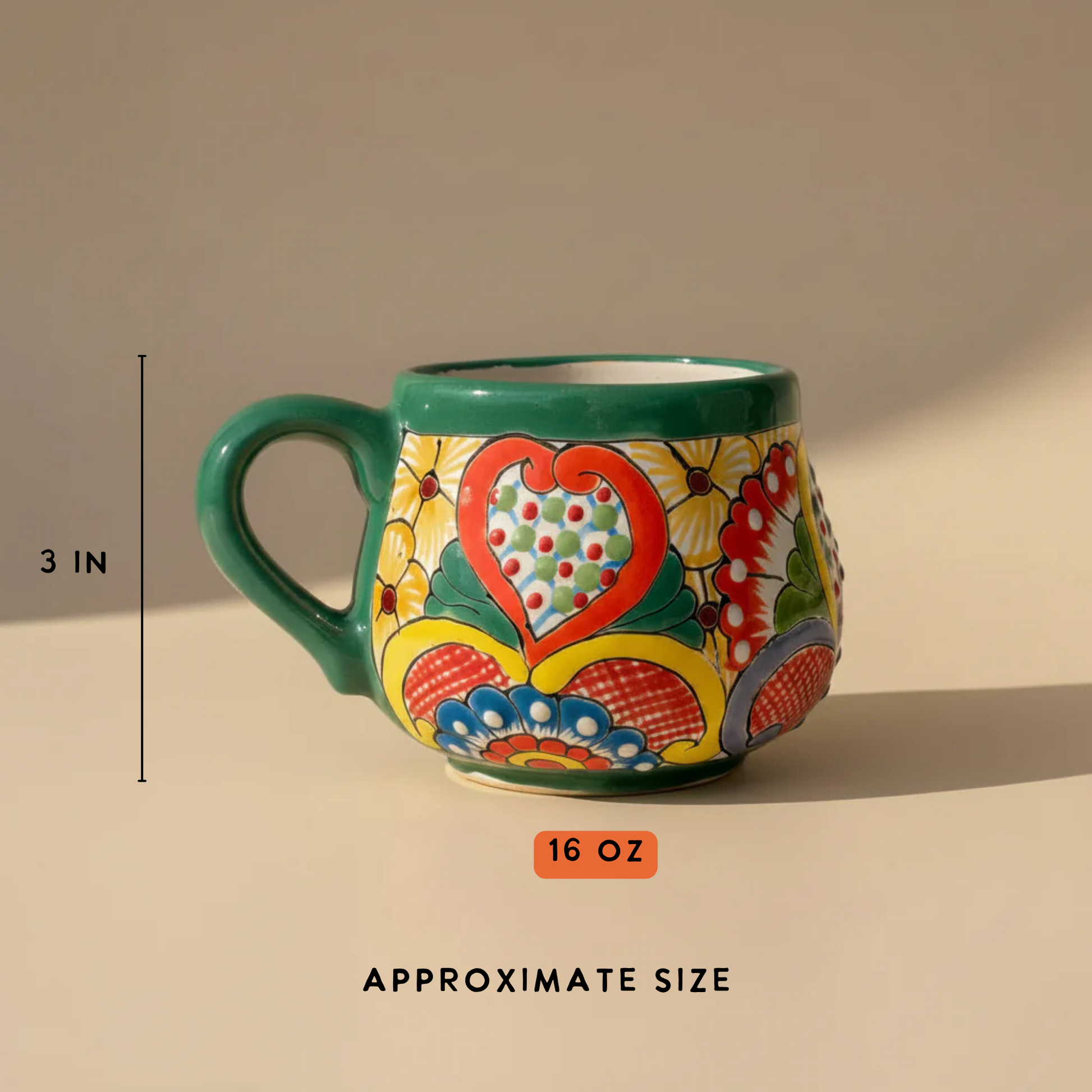 Colorful mug beige background, showing size measurement.