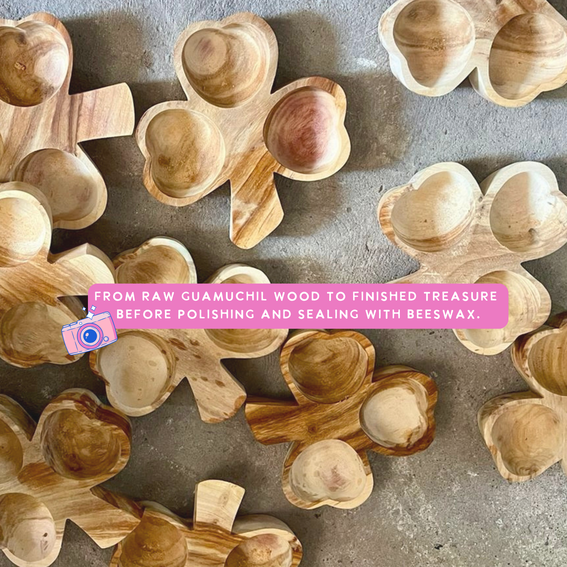 Wooden bowls concrete surface with text overlay.